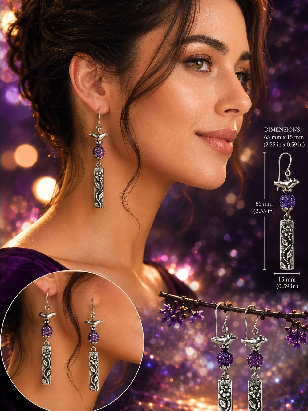 Silver Bird & Purple Czech Glass Flower Dangle Earrings, Artisan Handmade